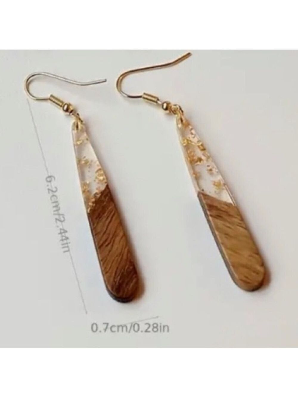 Wood Clear Gold Resin Two Tone Teardrop Dangle Earrings Boho - Picture 4 of 5